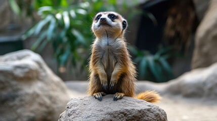 Fototapeta premium Curious Meerkat on a Rock, Gazing Upward