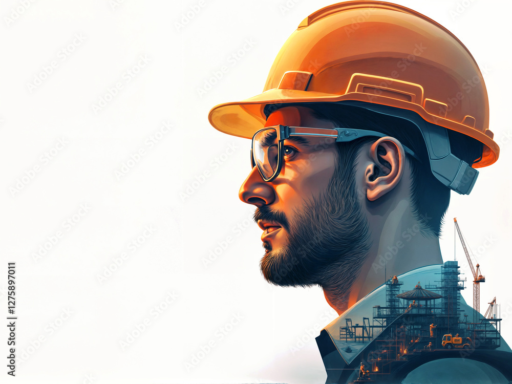 Poster bright surreal portrait of a builder in a helmet against the background of a construction site . gen