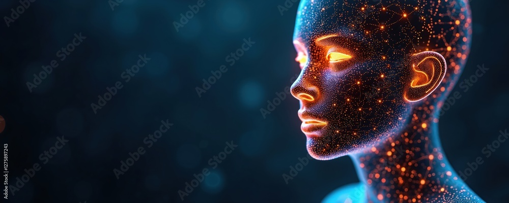 Poster Digital human face with fingerprint pattern, shows identity theft and biometrics used in cyber security. Protection of online personal financial information with authentication tech.