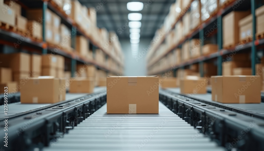 Aufkleber distribution center interior with cardboard boxes on conveyor belt. automated warehouse system, stre