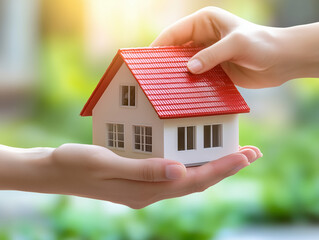 Close-up of two hands exchanging a miniature house, symbolizing buying, selling, or inheriting property. The background is blurred with warm sunlight