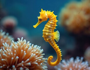 Underwater photo of yellow seahorse with white spots among coral reefs. Marine life aquatic animal swims in sea nature tropical wildlife, vibrant beauty with fin tail.