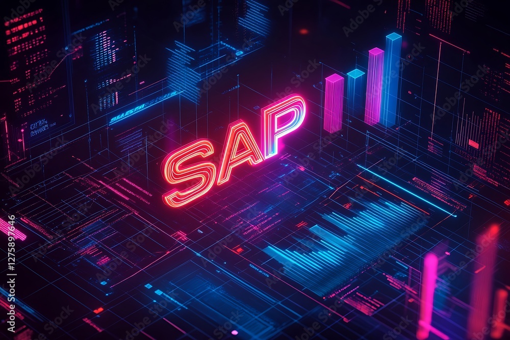 Aufkleber bright neon typography design featuring sap on a dark background, ideal for modern branding and tech