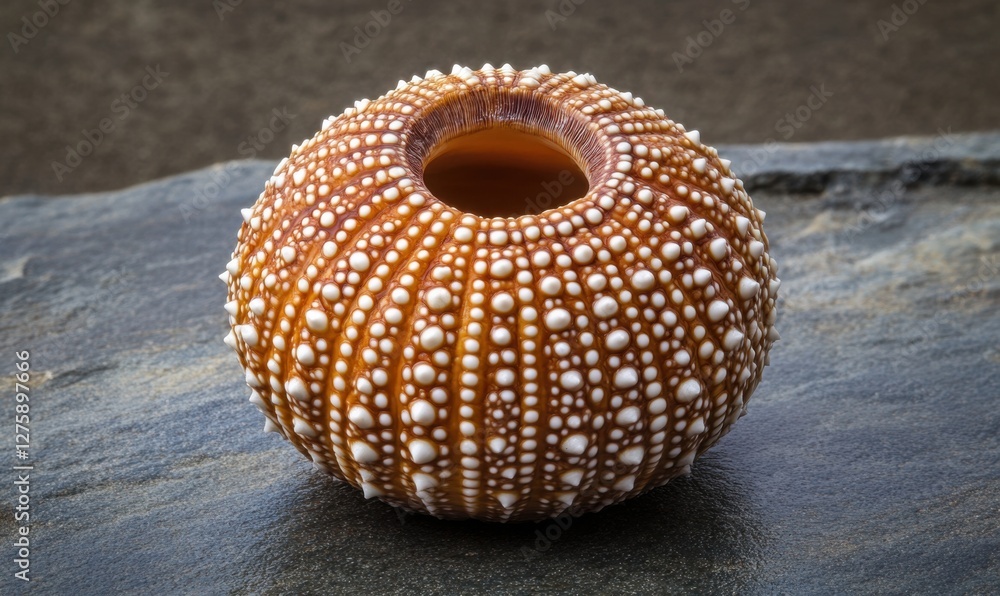 Poster close-up of a beautifully textured sea urchin shell resting on a rocky surface, showcasing intricate