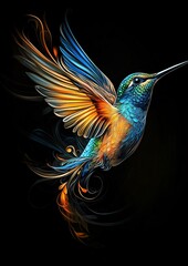 Majestic Hummingbird Soaring over Black Backdrop
