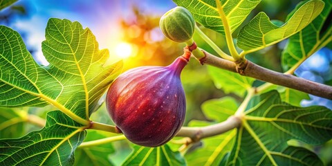 Ripe Fig on Branch, Sunlight, Green Leaves