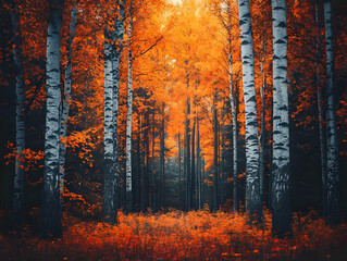 Obraz premium Fiery Autumn Birch Forest: A Stunning Nature Scene