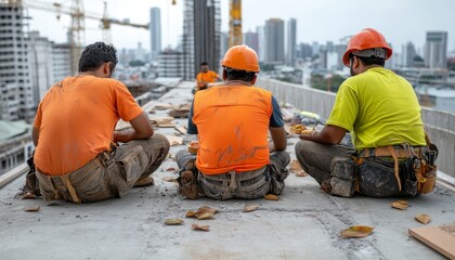 Amidst the skeletal embrace of towering cranes and the nascent framework of a future skyscraper, a trio of construction workers finds a moment's respite Bathed in the warm embrace of the midday sun