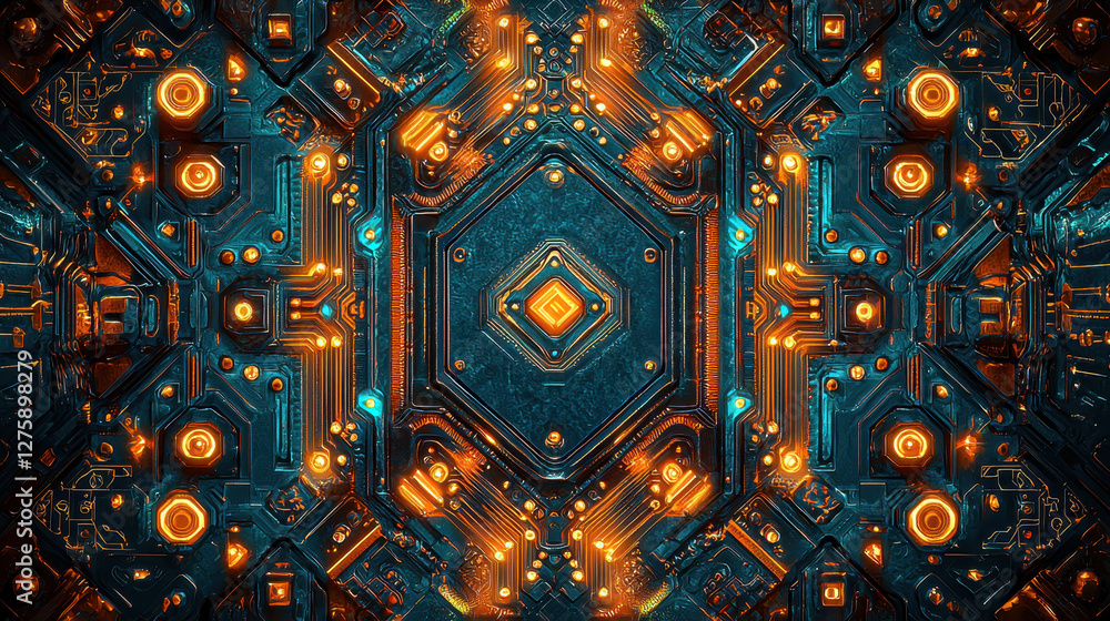 Poster close-up view of a vintage computer chip with neon circuits showcasing retro-futuristic technology