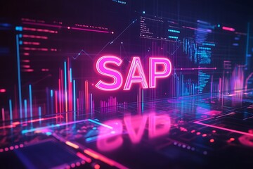 Fototapeta premium Stylish neon typography design representing SAP on a dark background, ideal for modern branding and marketing visuals.