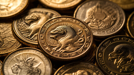 Set of gold coins with Mayan or Aztec tribal animals and idols. Ui game assets, Mexican mesoamerican ethnic money. Ancient civilization vector signs dragon or lion head, lizard, turtle and snake, sun