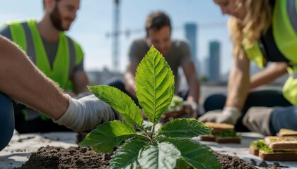 Amidst towering skyscrapers, construction workers pause, their fluorescent vests gleaming in the sunlight A tender sapling takes center stage, a symbol of renewal embraced by gloved hands Sandwiches