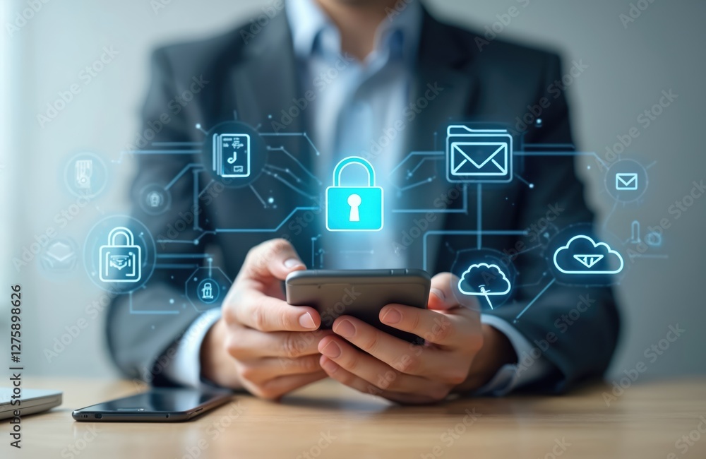 Aufkleber Businessman uses mobile with data security system interface. Digital cyberspace data management with cloud, lock, email icons. Protection of personal data.