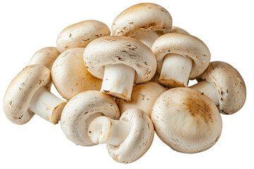 Fresh white button mushrooms, whole and sliced into thin pieces, isolated on a transparent background