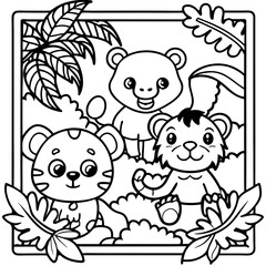Playful Jungle Trio: A charming illustration of three adorable jungle animals, a tiger, a bear, and a lion cub, set amidst lush foliage.