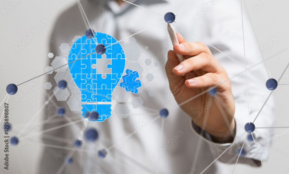 Poster Neural network 3D illustration. Big data and cybersecurity