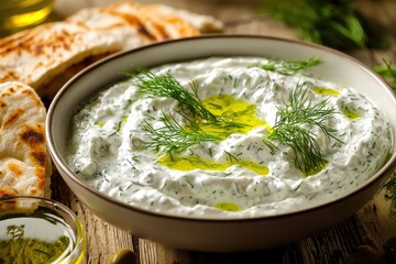 A bowl of creamy Tzatziki dip, garnished with fresh dill and olive oil, served alongside grilled pita bread on a rustic wooden table for a delicious Mediterranean snack.