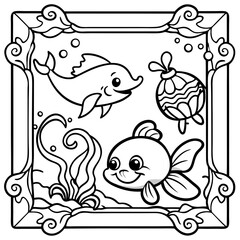 Underwater Wonderland: An enchanting illustration unveils a whimsical underwater scene, complete with a cheerful dolphin, a delightful goldfish, and a charming ornament.