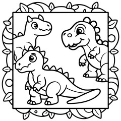 Obraz premium Cute Dinosaur Pals: Three adorable cartoon dinosaurs within a decorative frame. Capture the whimsical charm and playful spirit of these prehistoric creatures. 