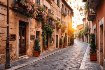 Fototapeta premium Beautiful old european town street with flowers, stone buildings and cobblestone road at sunset.