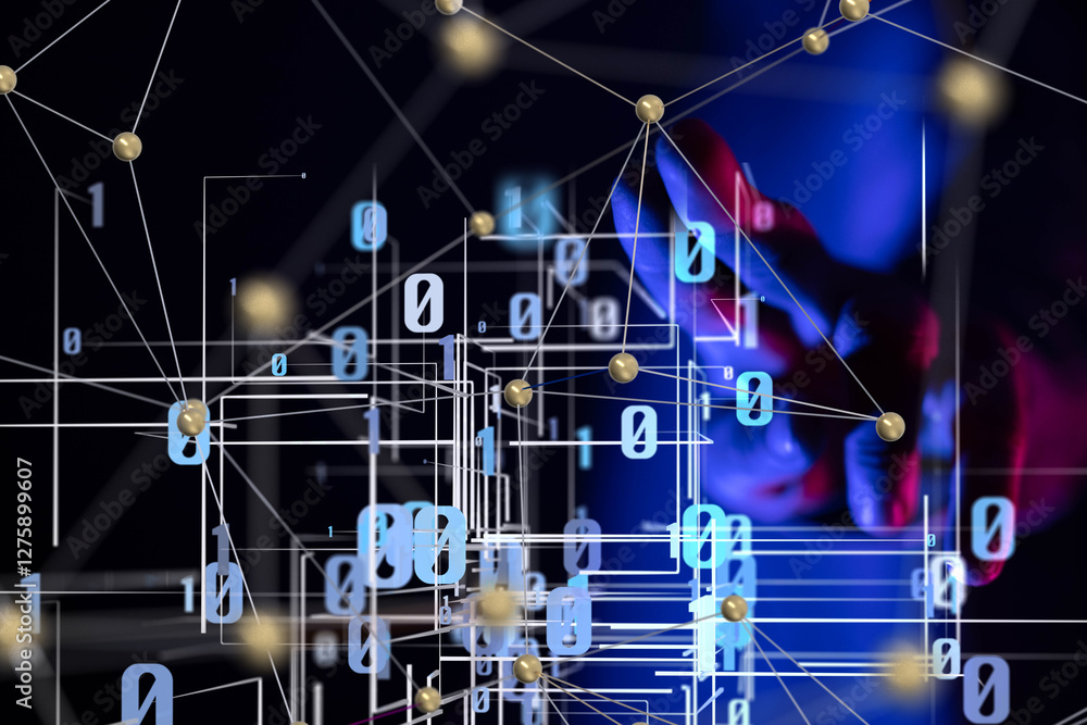 Aufkleber Global network. Blockchain. 3D illustration. Neural networks and artificial intelligence. Abstract