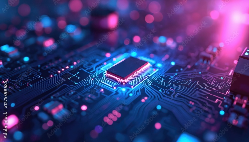 Poster Futuristic blue and purple tech background with abstract glowing circuit board patterns, microchips. High-tech theme, innovation concept, modern digital design and cybernetic systems.