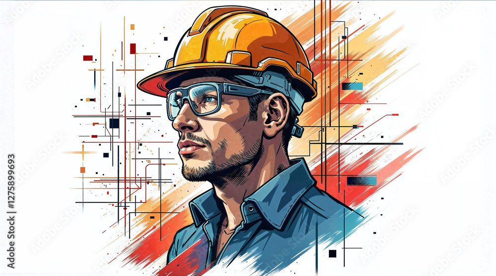 Poster bright surreal portrait of a builder in a helmet . generative ai
