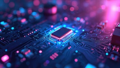 Futuristic blue and purple tech background with abstract glowing circuit board patterns, microchips. High-tech theme, innovation concept, modern digital design and cybernetic systems.