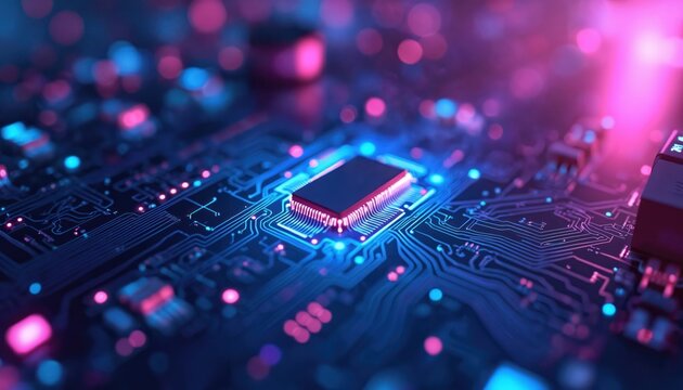 Futuristic blue and purple tech background with abstract glowing circuit board patterns, microchips. High-tech theme, innovation concept, modern digital design and cybernetic systems. - Powered by Adobe