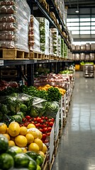 A well-organized modern food storage warehouse featuring pallets for efficient inventory management.
