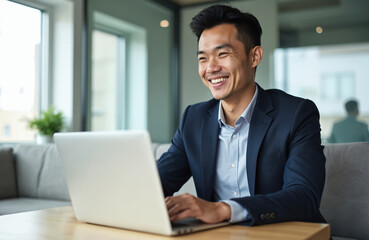 Fototapeta premium Happy asian man works online remotely on laptop, smiles with pleasure with task. Manager, programmer, freelancer in office types on keyboard. Online job concept.