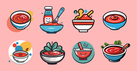 Sets icon collection of cartoon style illustrations of bowls of soup, each with different designs and elements, on a pink background