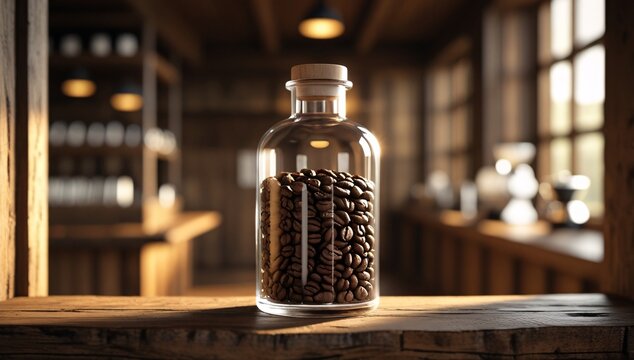 coffee, coffee beans, seeds, brown, coffee in a jar, coffee beans in a jar, jar, glass jar, glass jar, coffee beans in a jar, illustration, background, wooden room, wooden bar, sunlight, shine, scienc