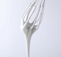 Whisk with whipped cream on white background, closeup