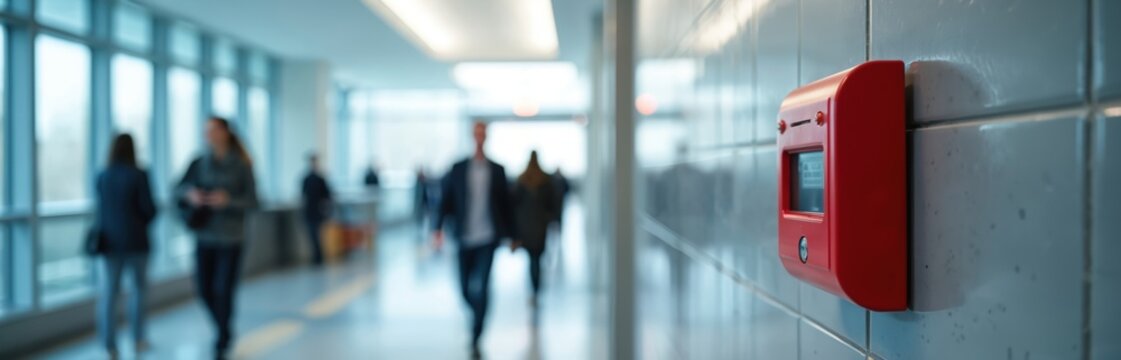 Bright red fire alarm mounted on wall in public building hallway ensures safety. People walking by. Emergency alert system for evacuation. Important measure for occupational awareness.