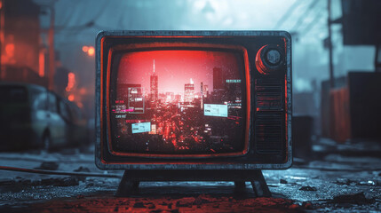 Vintage TV displaying futuristic news with glitch effects and neon colors in a cinematic setting