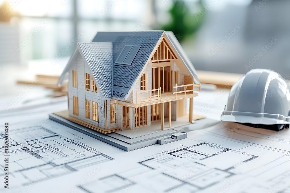 Poster Modern architectural workspace featuring a detailed house design in a visually appealing image.