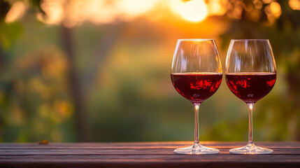 Two glasses of red wine on a wooden table during sunset for wine tasting event or celebration