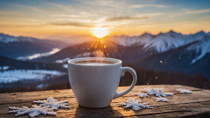 Enjoying a steaming cup of coffee on a rustic table with a mountain sunrise backdrop.