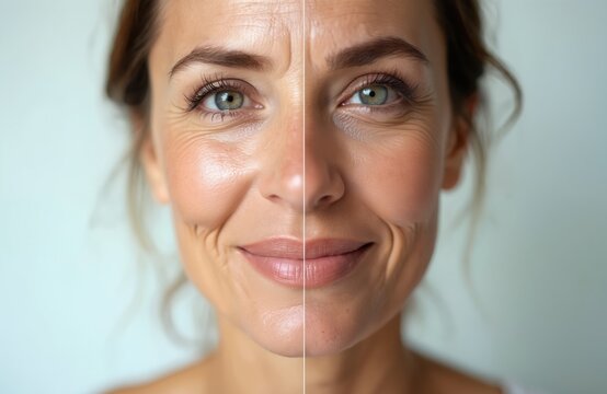 Woman face before and after cosmetic anti-aging procedure. Facial fillers, skin revitalization and wrinkle reduction for youthful appearance improvement with dermatology treatment.