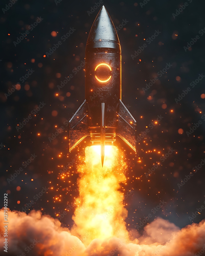 Poster a vibrant image of a metallic rocket launching with thick smoke, capturing the essence of aerospace 