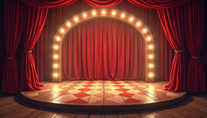 Empty vintage stage with red velvet curtains. Spotlight illuminates wooden floor with red diamond pattern in circus tent for theatrical performance or magic show.