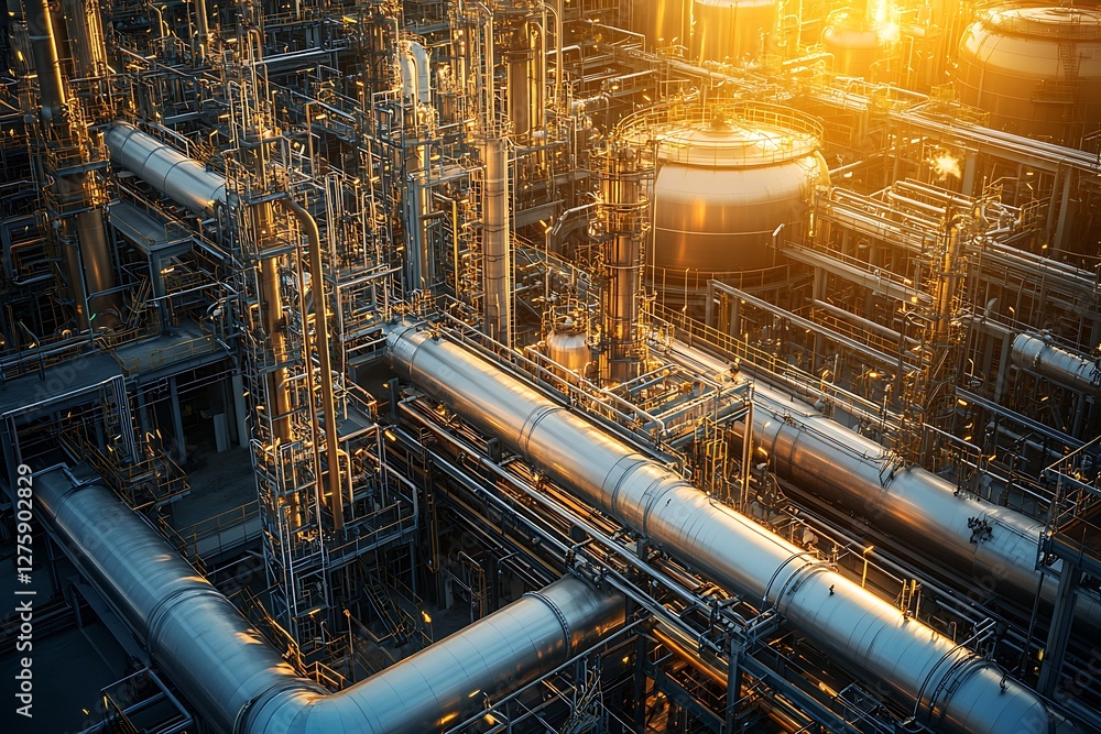 Poster a detailed image of a massive petroleum processing plant with intricate network systems.