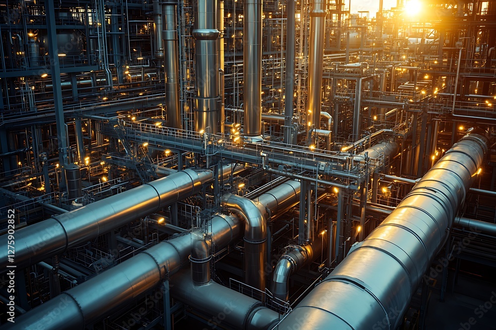 Poster a detailed image of a massive petroleum processing plant with intricate network systems.