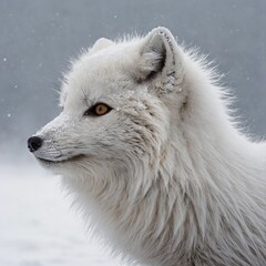 A snow-dusted Arctic fox with a gentle breeze ruffling its fur, white background.