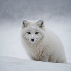 Naklejka premium An Arctic fox partially hidden in fresh snow, with only its face visible, white backdrop.