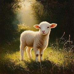 Fototapeta premium Experience an idyllic Easter scene featuring a lamb symbolizing purity and innocence, set against a backdrop of rolling green hills and vibrant wildflowers.