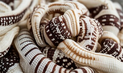 Fototapeta premium Close-up of patterned snakes intertwined, textured detail, macro photography, nature background, wildlife