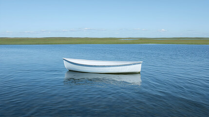 Calm water, single white boat, coastal marsh background, peaceful scene, ideal for tranquility themes