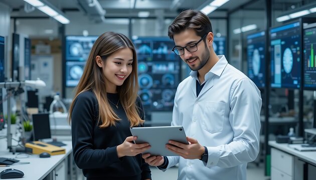 Two Young Scientists Collaborating on a Tablet in a Modern Tech Lab - Powered by Adobe
